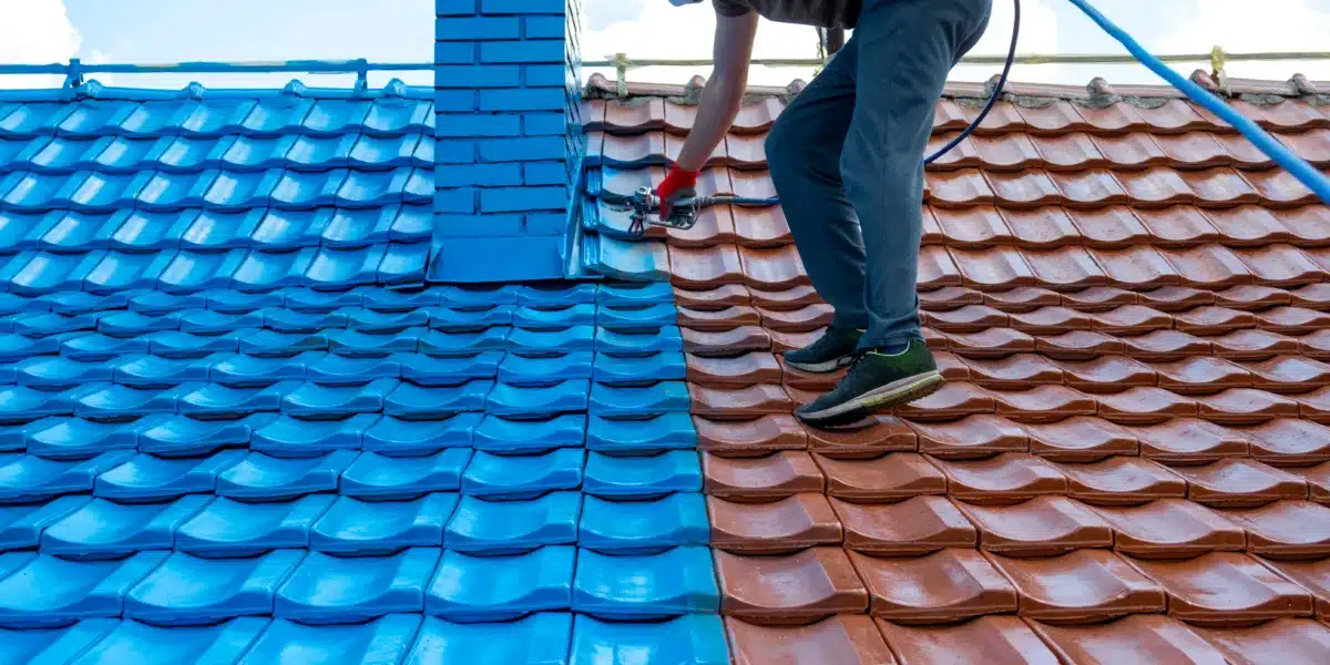 Half,Roof,Painted,In,Blue,,Half,Of,Tiles,Are,Still