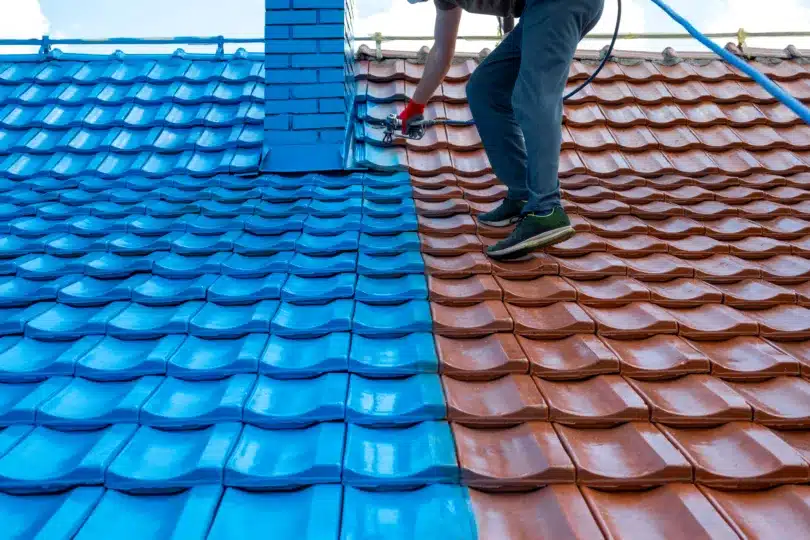 Half,Roof,Painted,In,Blue,,Half,Of,Tiles,Are,Still