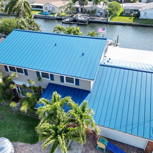 Aerial view of Metal Roof on top of local Florida home in Tampa