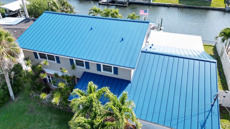Aerial view of Metal Roof on top of local Florida home in Tampa
