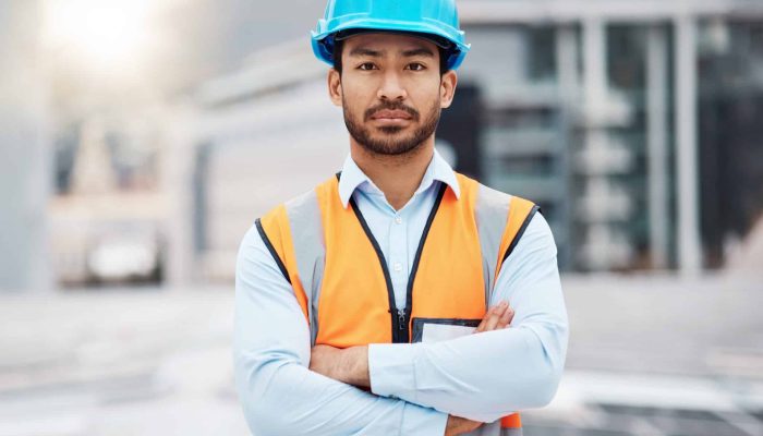 Portrait,,Construction,Worker,And,Man,With,Arms,Crossed,With,Solar