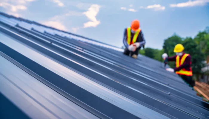 construction worker installing a metal roof
